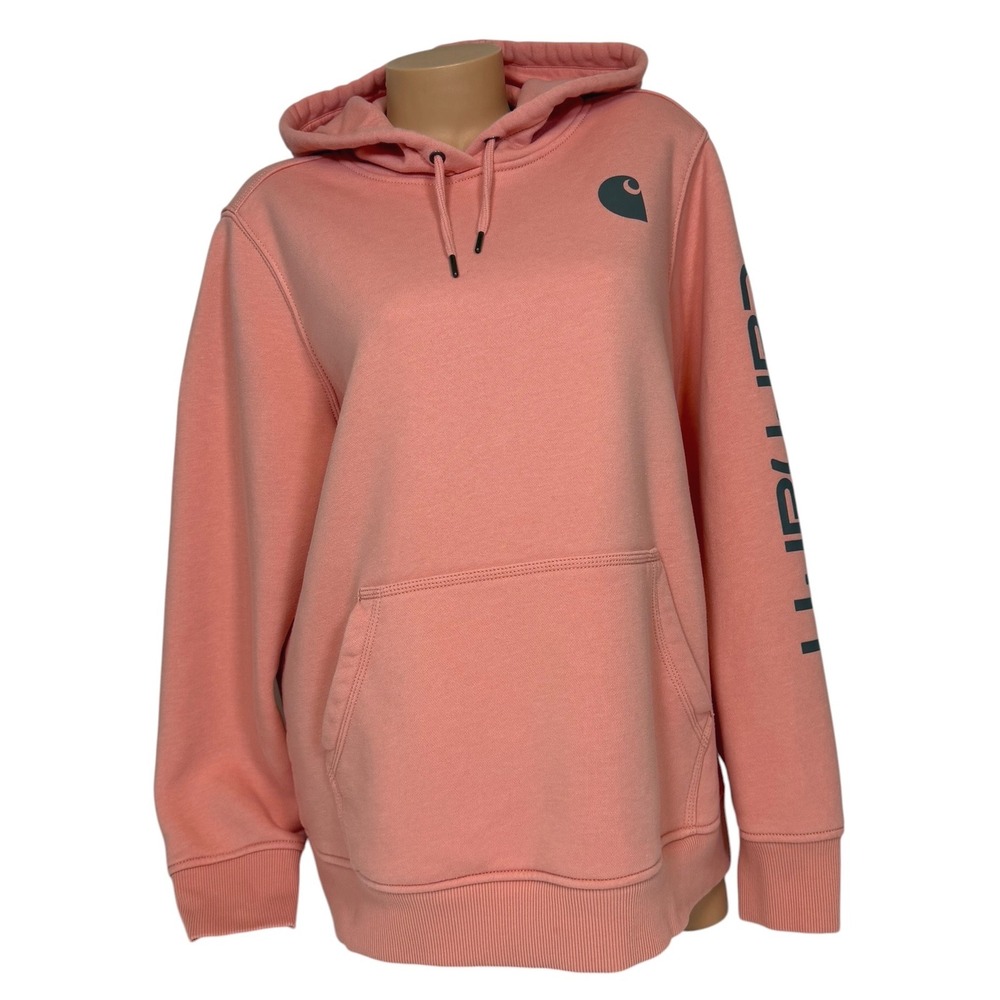 Carhartt Women's 1X Plus Relaxed Fit Salmon Pink Logo Sleeve Pullover Hoodie